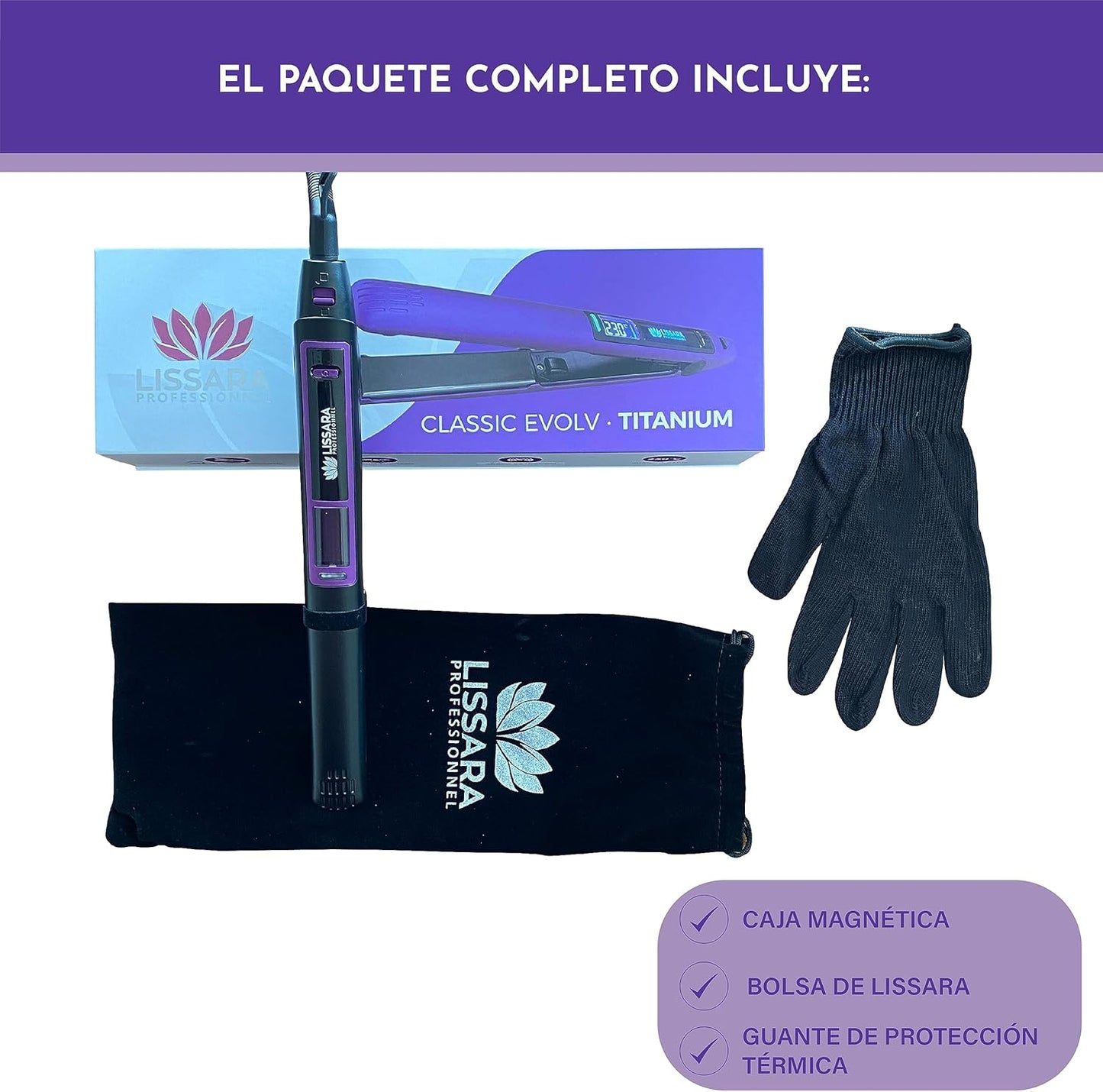 Lissara Classic Evolv - Plancha De Pelo Profesional - Placas De Nanotitanio Y Flotantes - Detector De Humedad - 230 °C - Especial Para Alisado Brasileño - Negra