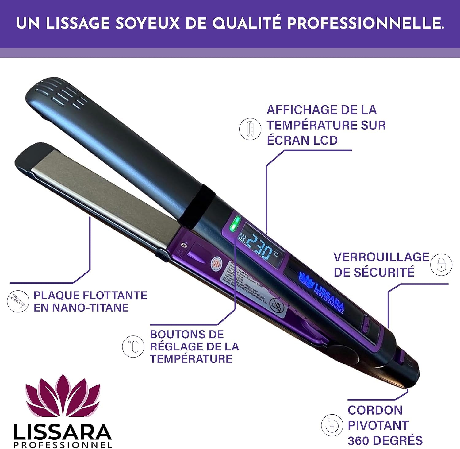Lissara Classic Evolv - Plancha De Pelo Profesional - Placas De Nanotitanio Y Flotantes - Detector De Humedad - 230 °C - Especial Para Alisado Brasileño - Negra